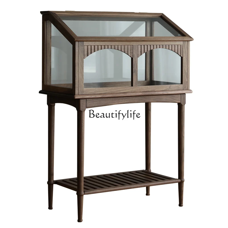 

Retro Black Walnut Balcony Glass Flower Stand Courtyard