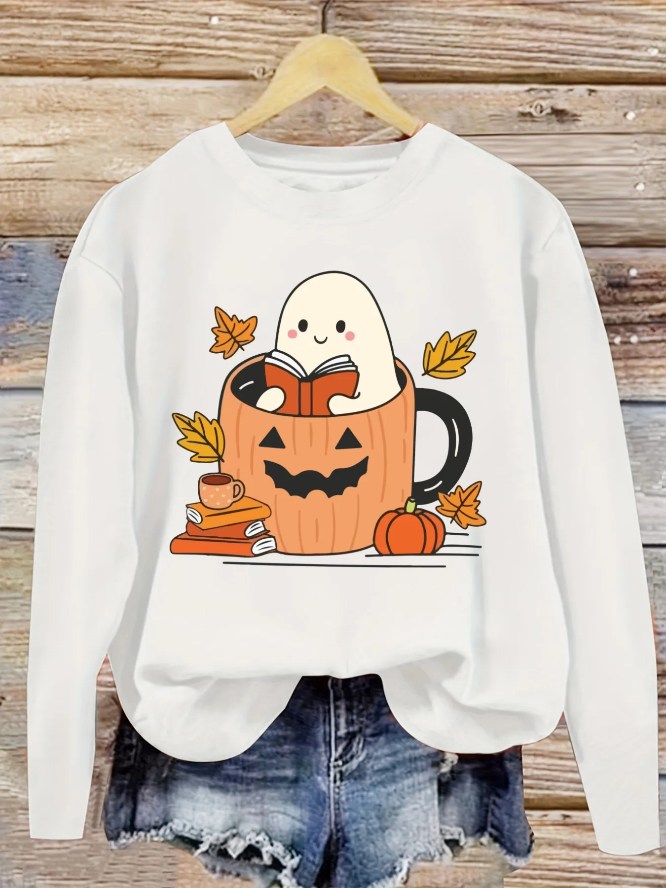 Women's Casual Long Sleeve Crew Neck T-Shirt Cute Ghost Reading In Pumpkin Mug Design, Round Neck Women's Clothing, Machine Washable, Slightly Elastic, Loose Fit, Spring Autumn Winter Women's T-Shirt, Halloween Costume Outfit view 5