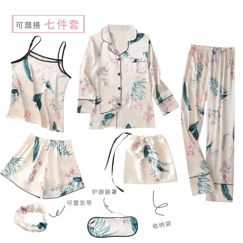 Spring Autumn 7 Pieces Set Silk Elegant Women Pajamas Print Shorts Long Sleeve Top Elastic Waist Pants Lounge Sleepwear