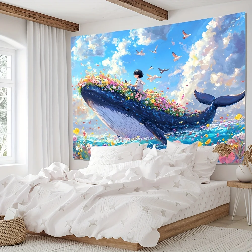 tapecaria-de-baleia-com-flores-–-passeio-de-menina-cena-oceanica-cores-vibrantes-e-beleza-etereo-para-fantasia-e-inspiracao-de-decoracao-de-casa