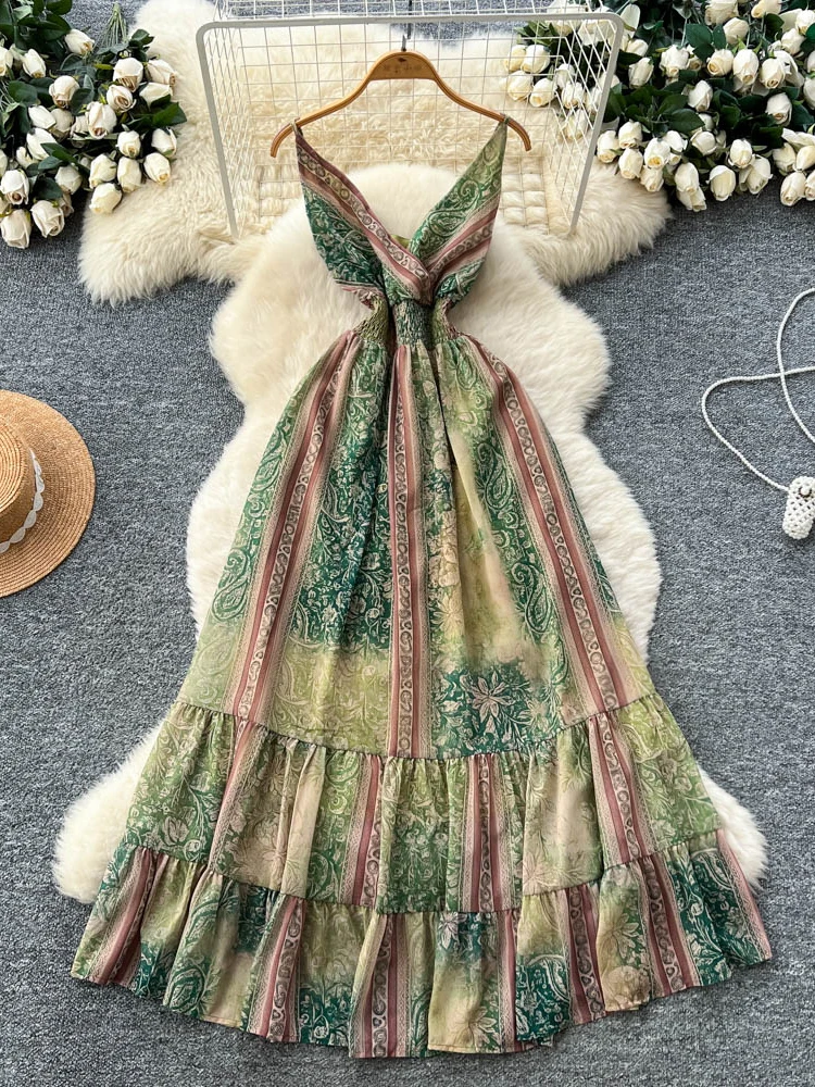 กระโปรงทรงเอ รุ่น Retro Vaion Sle Print Maxi Dr สำหรับผู้หญิง ช่วยให้ดูผอม เอวสูง ผลิตจากเส้นใยโพลีเอสเตอร์ เหมาะสำหรับฤดูร้อน