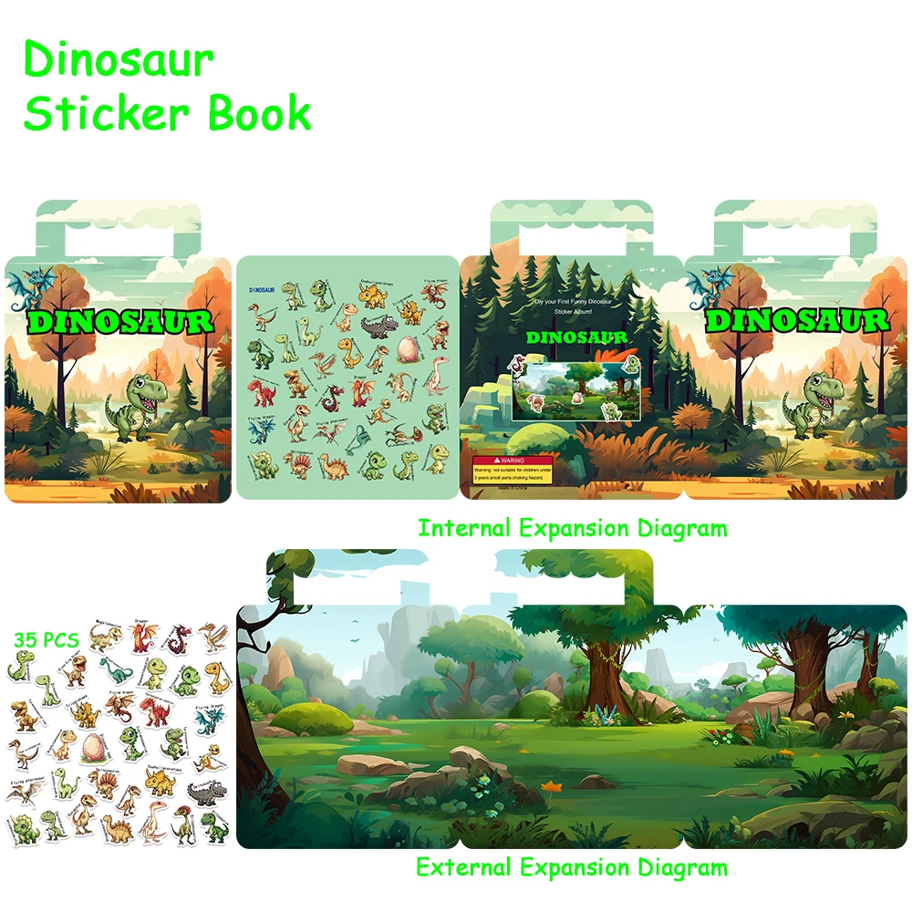 Imagem -02 - Reutilizável Dinosaur Sticker Book Cena de Educação Infantil Livro Removível Foco Cultivo Quiet Sticker Book 35 Pcs