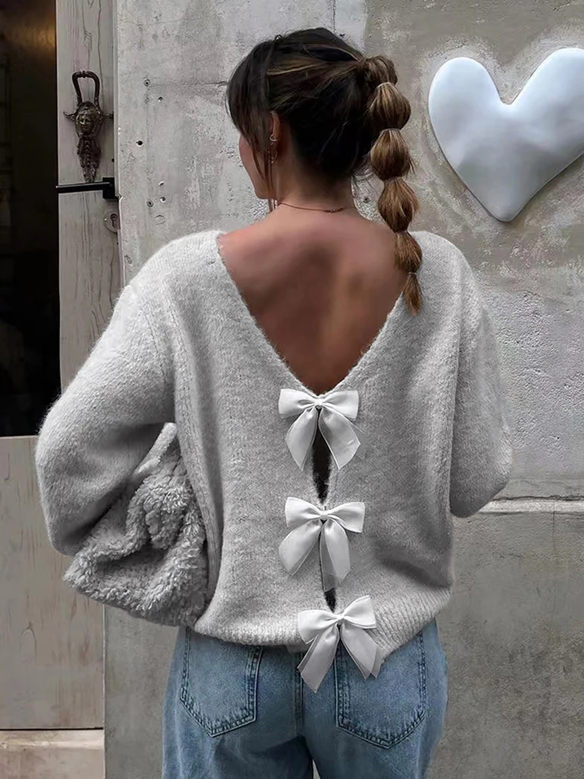 

Parc Fee Winter Loose Gray Women's Sweater 2025 Fashion O-Neck Long Sleeve Sweater Elegant Classic Backless Top Female Clothing