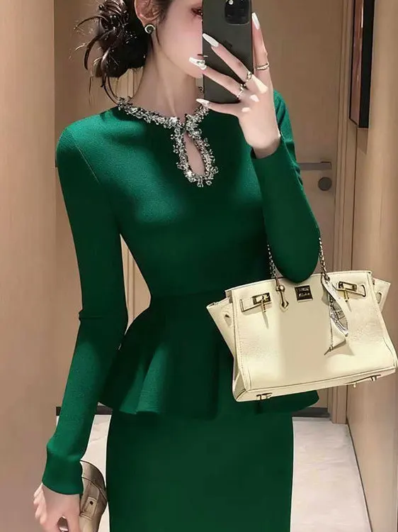 

Elegant Green Suit Dress Autumn Fashion Lady Style High End Precision Celebrity Atmosphere Small Fragrance Wind Two Piece Set