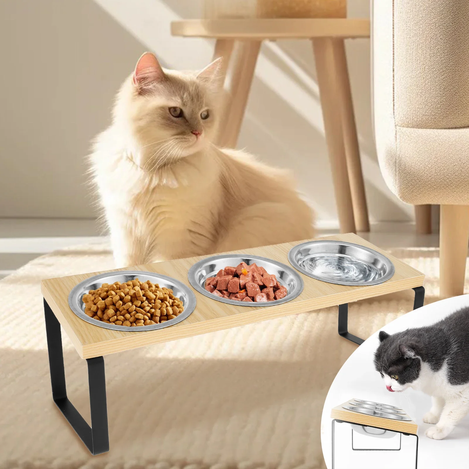 

Elevated Cat Bowls Wood Cat Bowl Stand 15° Inclined Elevated Cat Food Feeder Stainless Steel Pet Bowl Feeding Container for Cat