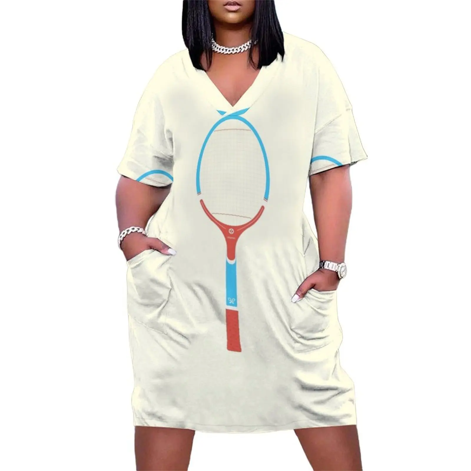 Retro vintage wood tennis racket Loose Pocket Dress clothes for woman dresses summer Women