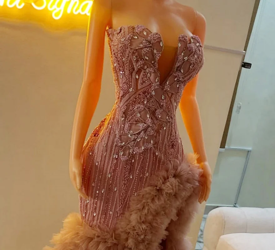Modest Pink Mermaid Wedding Dress Beaded Ruffles Tiered Woman Formal Party Dresses Slit Tulle Evening Dinner Party Gowns 2026