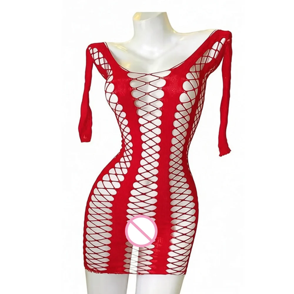 Damen Netzkleid Sexy Dessous Rundhals Halbarm-Kleid Dehnbares Figurbetontes Ausgeschnittenes Babydoll Nachtclub Party Outfit – Detail 6
