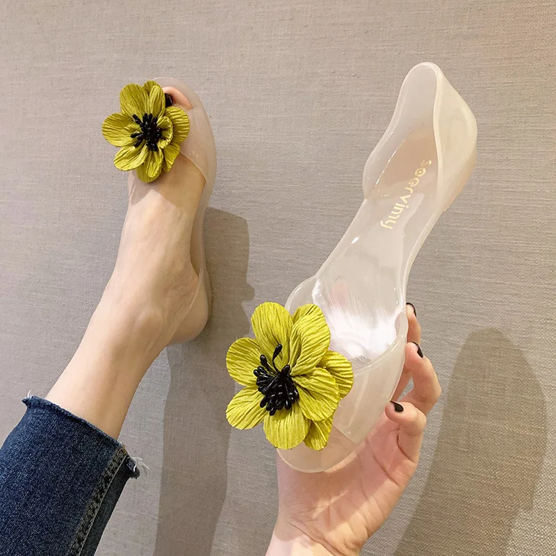 Ballet Flats Women Shoes with Flower PVC Jelly Sandals Summer 2023 Elegant Fashion Beach Ladies Slippers Beach Casual Shoes