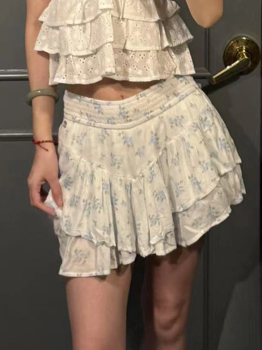 Minifalda escalonada con estampado Floral azul para mujer, Faldas acampanadas con volantes y cintura alta elástica, Faldas cortas informales dulces a la moda, novedad