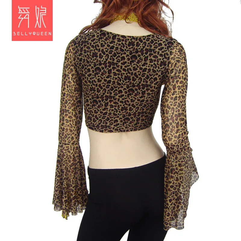 Top de manga acampanada con estampado de leopardo para mujer, top sexy con cuello en V para danza del vientre, 1 unidad por lote