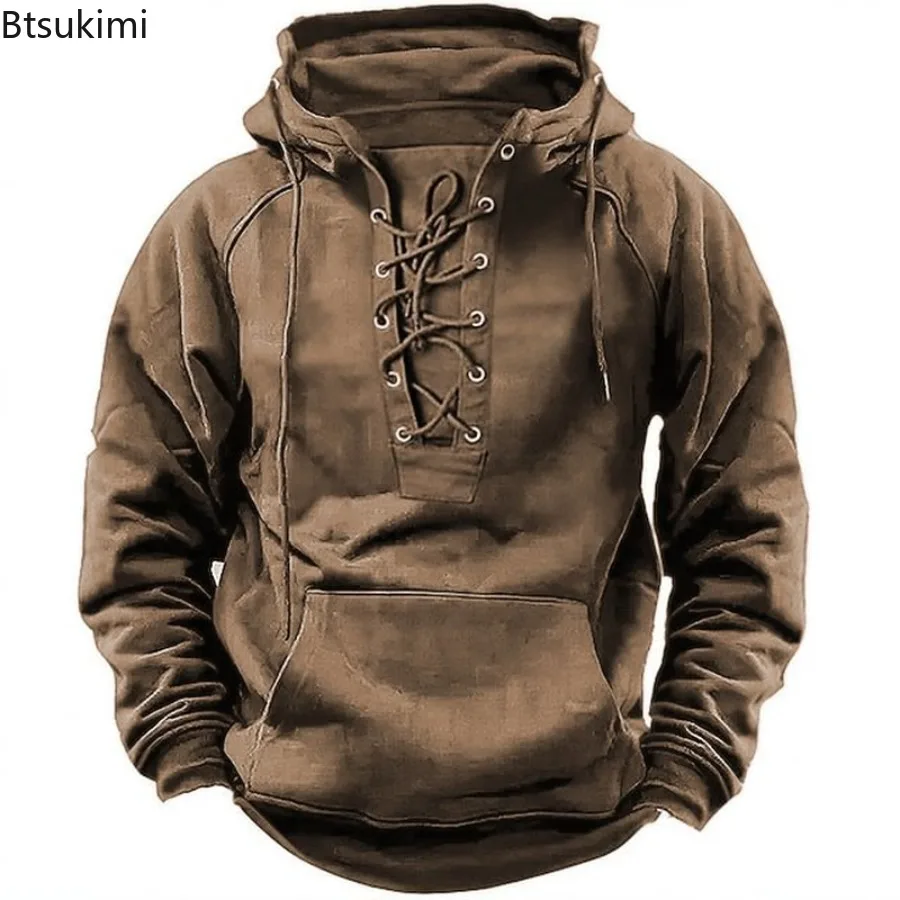 

2025 Men's Spring Autumn Outdoor Casual Hoodies Vintage Lace-up Loose Solid Long Sleeve Hooded Coats Man Sweatshirts with Pocket
