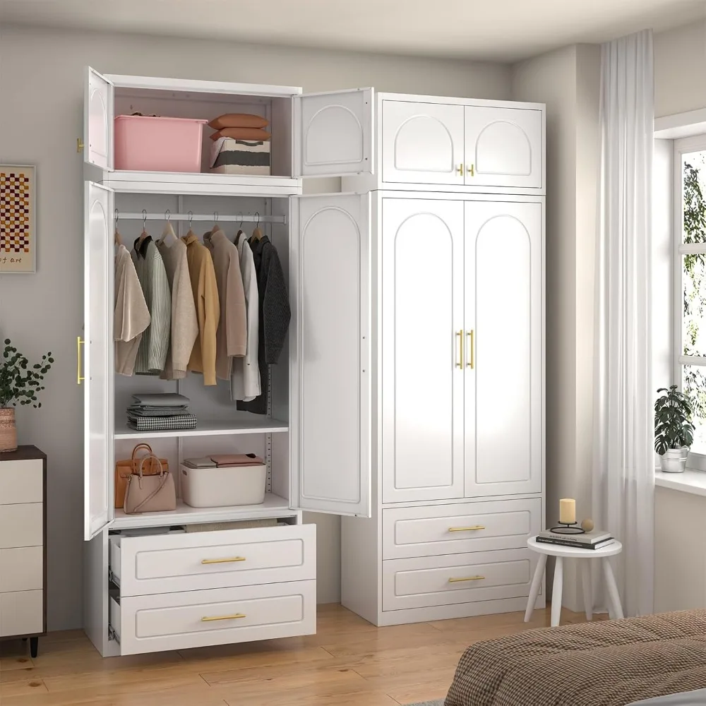 Estantería ajustable, barra colgante, armario de Metal con 2 cajones, gabinete alto de almacenamiento de ropa blanco para el hogar