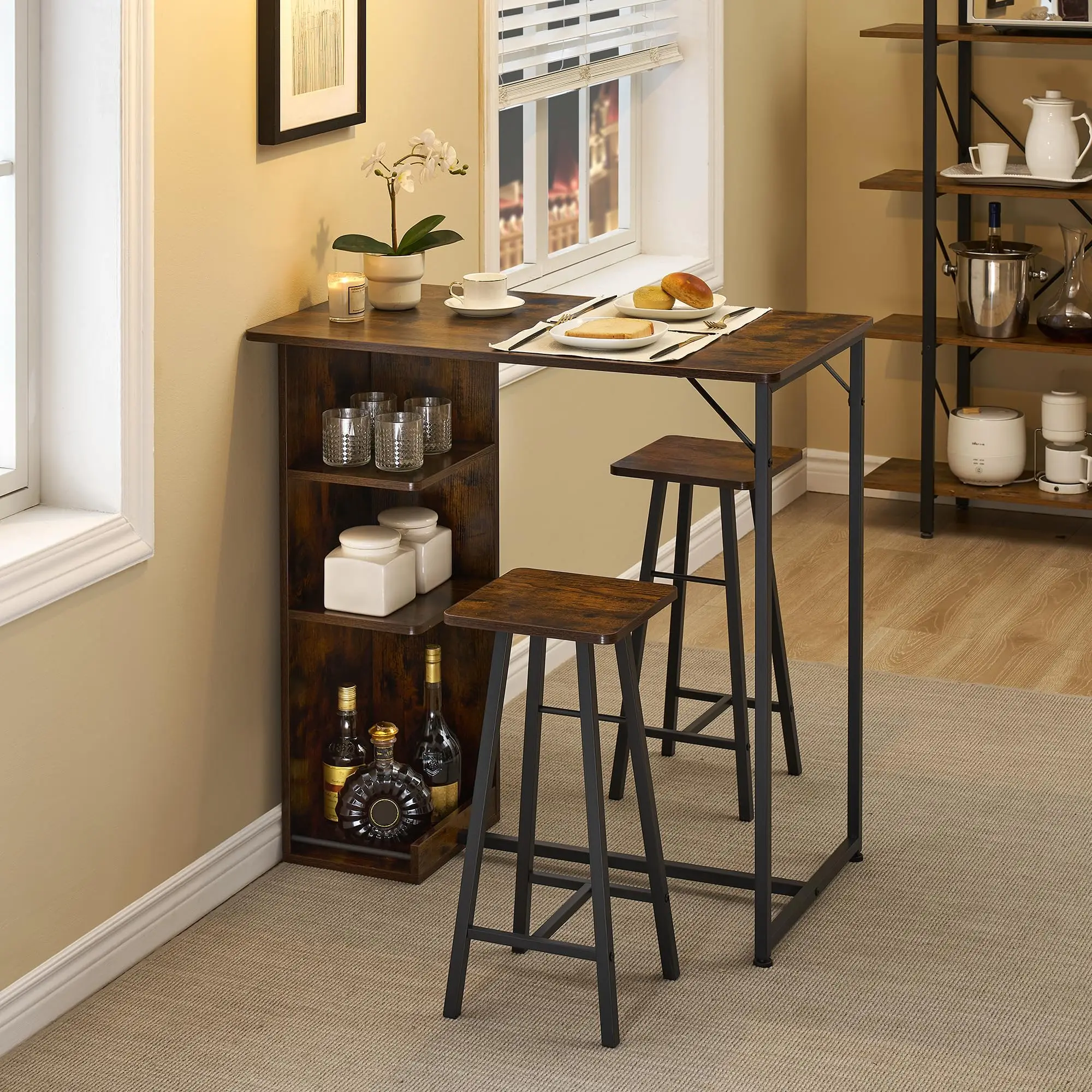 

Small Bar Table Chairs Set,3Piece Bar Table Set with3Tier Storage Shelves,for Small Apartment, Living Room,Kitchen,Dining Room