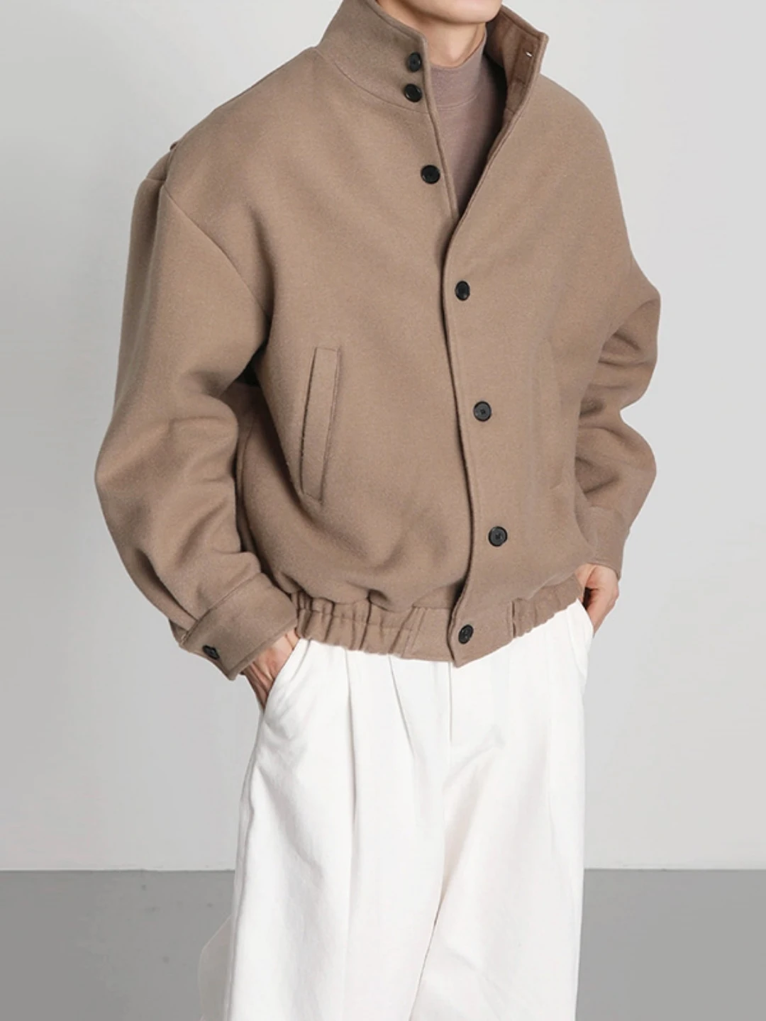 Trendy Men's Woolen Jacket Autumn Winter Stand Collar Long Sleeve Fashionable Cotton Clothes Outerwear Korean Style