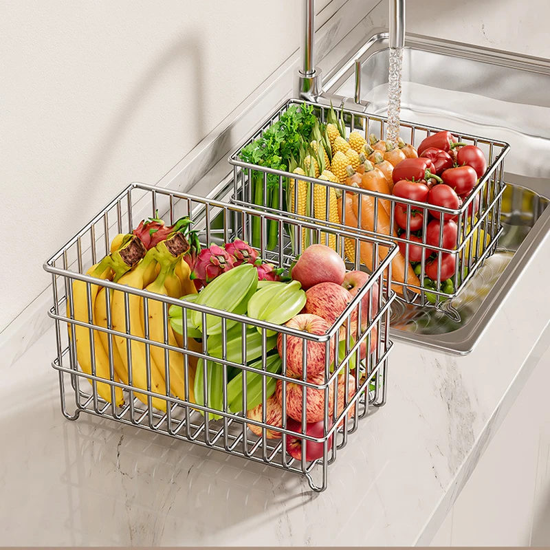 304 Stainless Steel Kitchen Organizer Basket desktop Drain Basket Bathroom Organization Basket Fruit Basket Snack Storage Rack