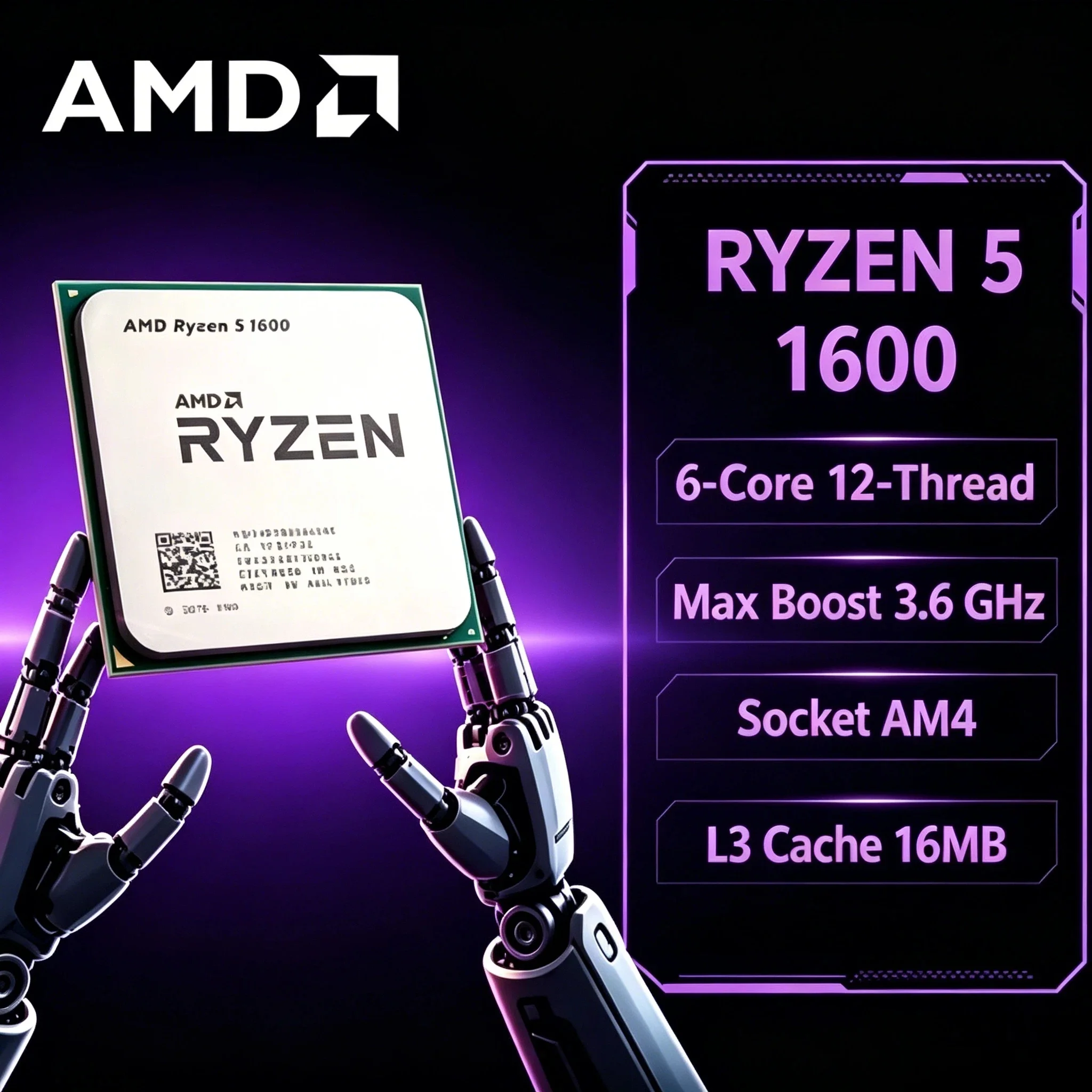 Procesador AMD Ryzen 5 1600 de 3.2GHz, 6 Núcleos, 12 Subprocesos, 65W, Socket AM4 para Juegos, R5 1600 Sin Paquete, Ultra Rápido Plus Max