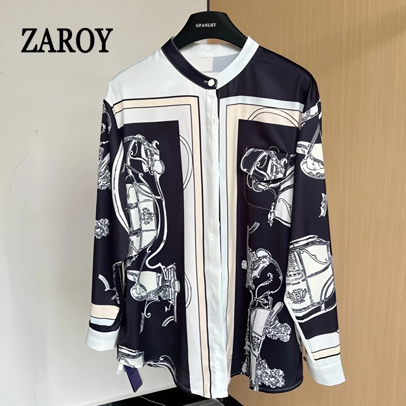 

ZAROY Silk Shirt Woman Luxury Clothes Vintage Print Autumn Long Sleeve O neck Single-breasted Satin Shirts Female Tops قمصا