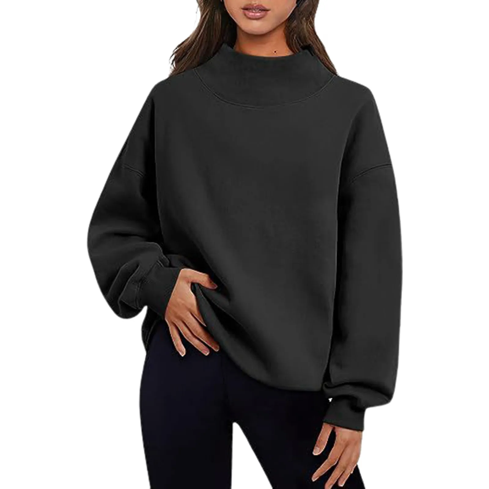 

2024 Women's Loose Sweatshirt Casual Solid Loose Half High Neck Split Wide Collar Fleece Sweatshirt Autumn Winter Ladies Clothes