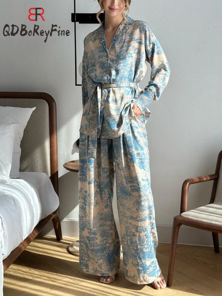 Casual Pants Sets 2 Pieces Cozy Printed Lace Up Long Sleeve Shirt Spring Outfit High Waist Wide Leg Pants Pajamas Suits Homewear