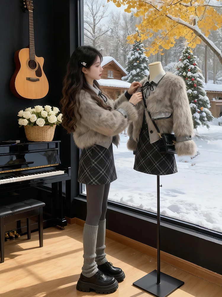 

2025 Winter Faion plus SizeMM Small Fraance Sle Fur Coat Plaid Skirt Set Korean Sle ort Sve High Waist