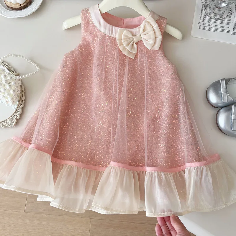 

Luxury Girls Sleeveless Dress 2024 New Little Girl Tank Top Dress Pink Bow Sequin Birthday party wedding Princess Dress