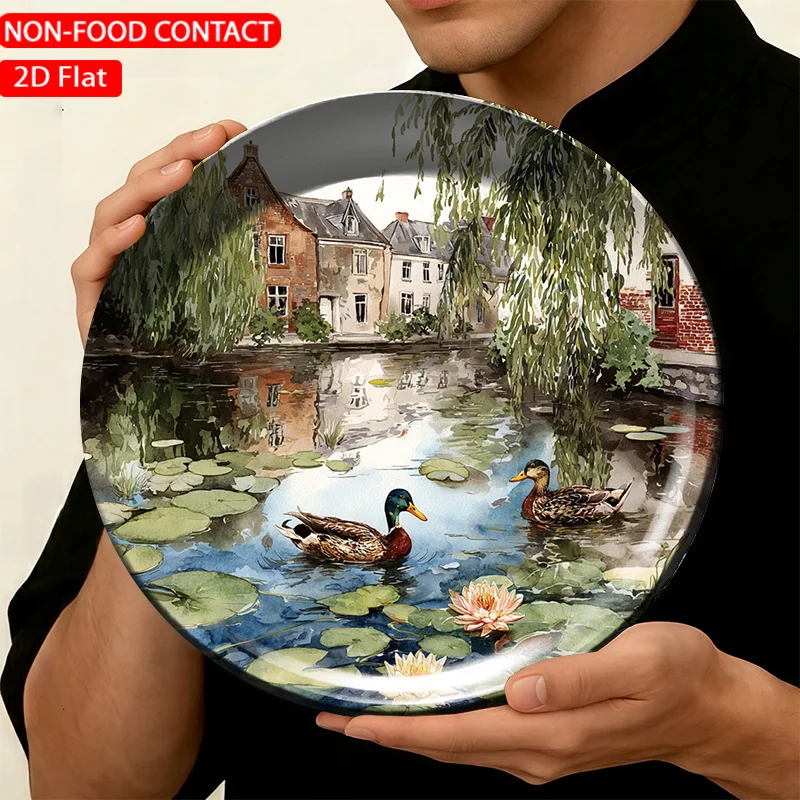 1pc FORJN Ceramic Decorative Plate with Lush Canal Ducks & Waterlilies Wall Art - Round Suitable for for Home Decor, Non-Food