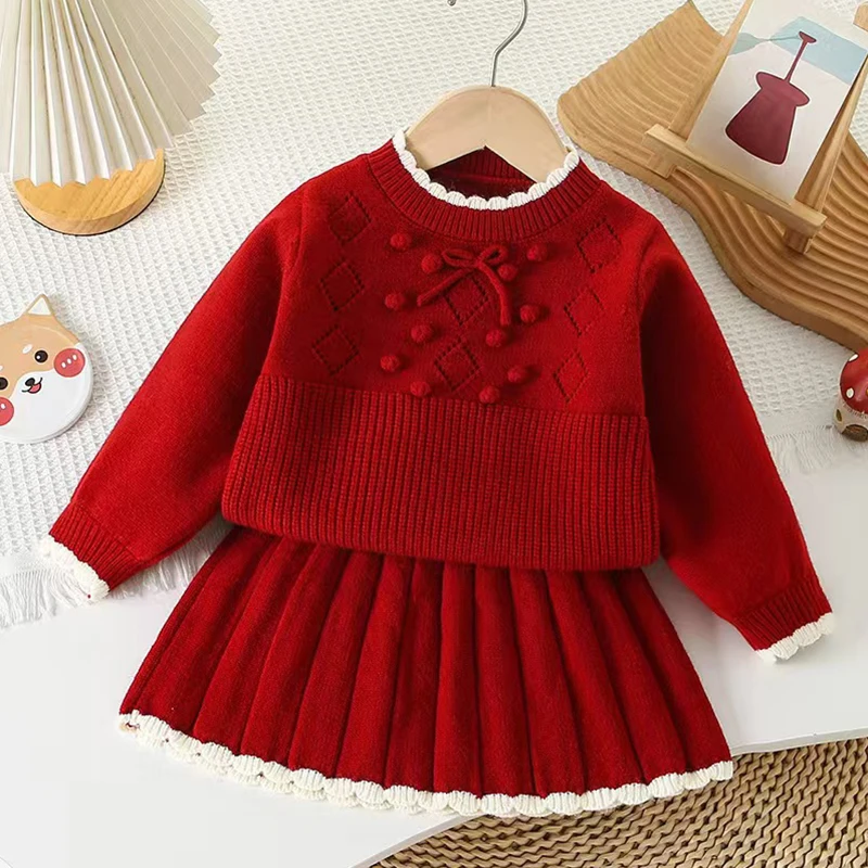 

Christmas Knitted Sweet Suit Infant Clothes Baby Girl Knitting Set Ball Knitted Pullover+Pleated Skirt Baby New Year Party Set
