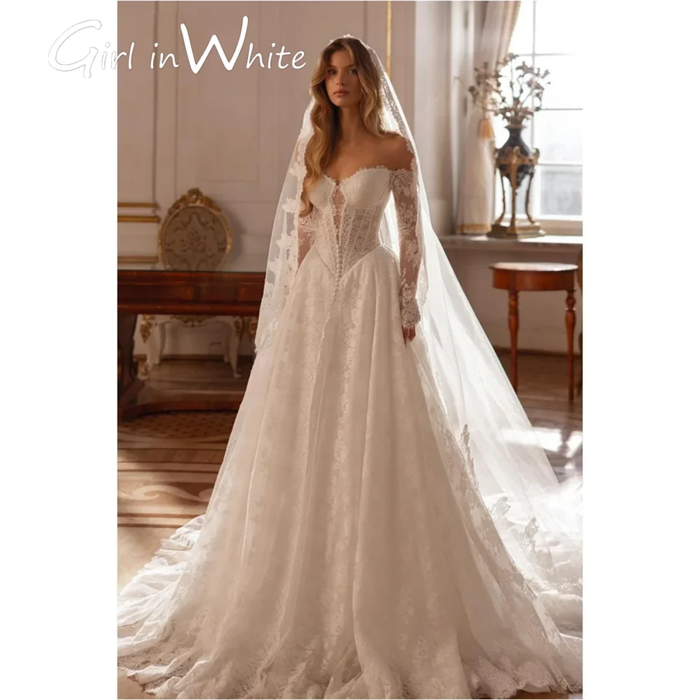 Sweetheart A-line Wedding Dress Lace V Neck Long Sleeves Sweep Train Appliques Backless Sweet Bridal Gown 2025 free customized