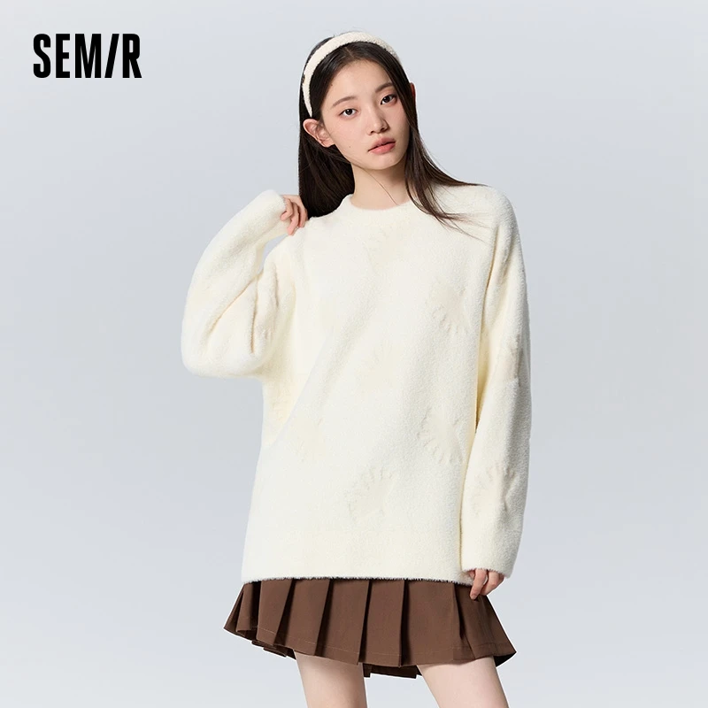 Semir Sweater Women Imitation Mink Fur Gentle Girlish Winter Oversize Round Neck Jacquard Top