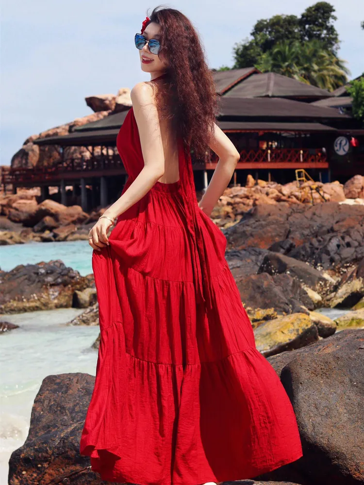 

Beach Vaion Beautiful Bal Hanging Ne Red Long Dr Women Summer 2026 Sexy Slit Dr Sweet Sle Svel Gown