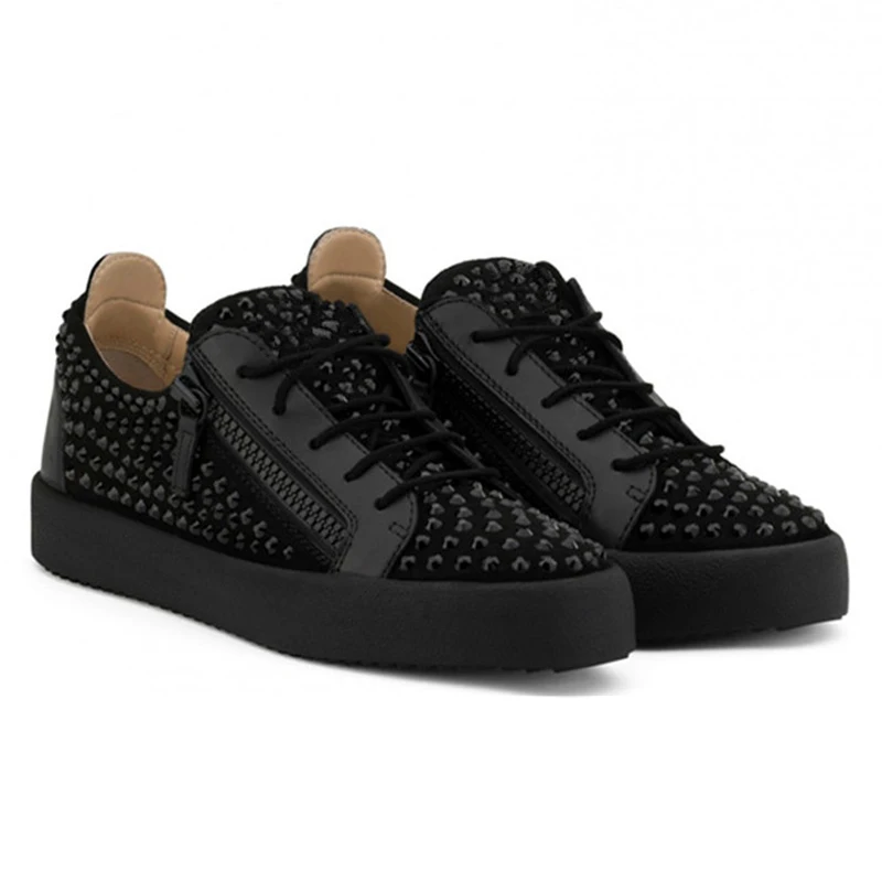 Fashion Men Low Top Black Rhinestone Sneakers Double Zipper Youth Sport Shoes Male Round Toe Flats Unisex Shoes Size 35- 47