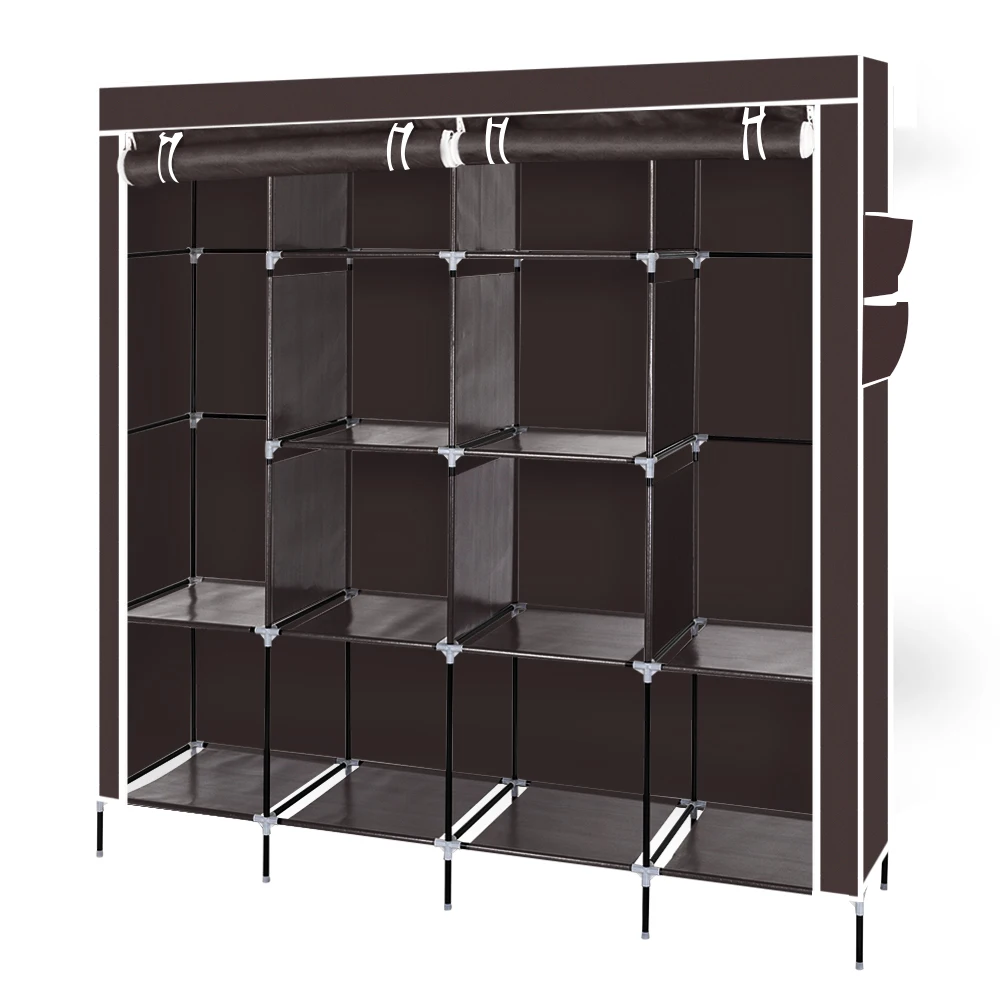 Clothes Closet Portable Wardrobe Clothes Storage Rack 12 Shelves 4 Side Pockets Dark Brown