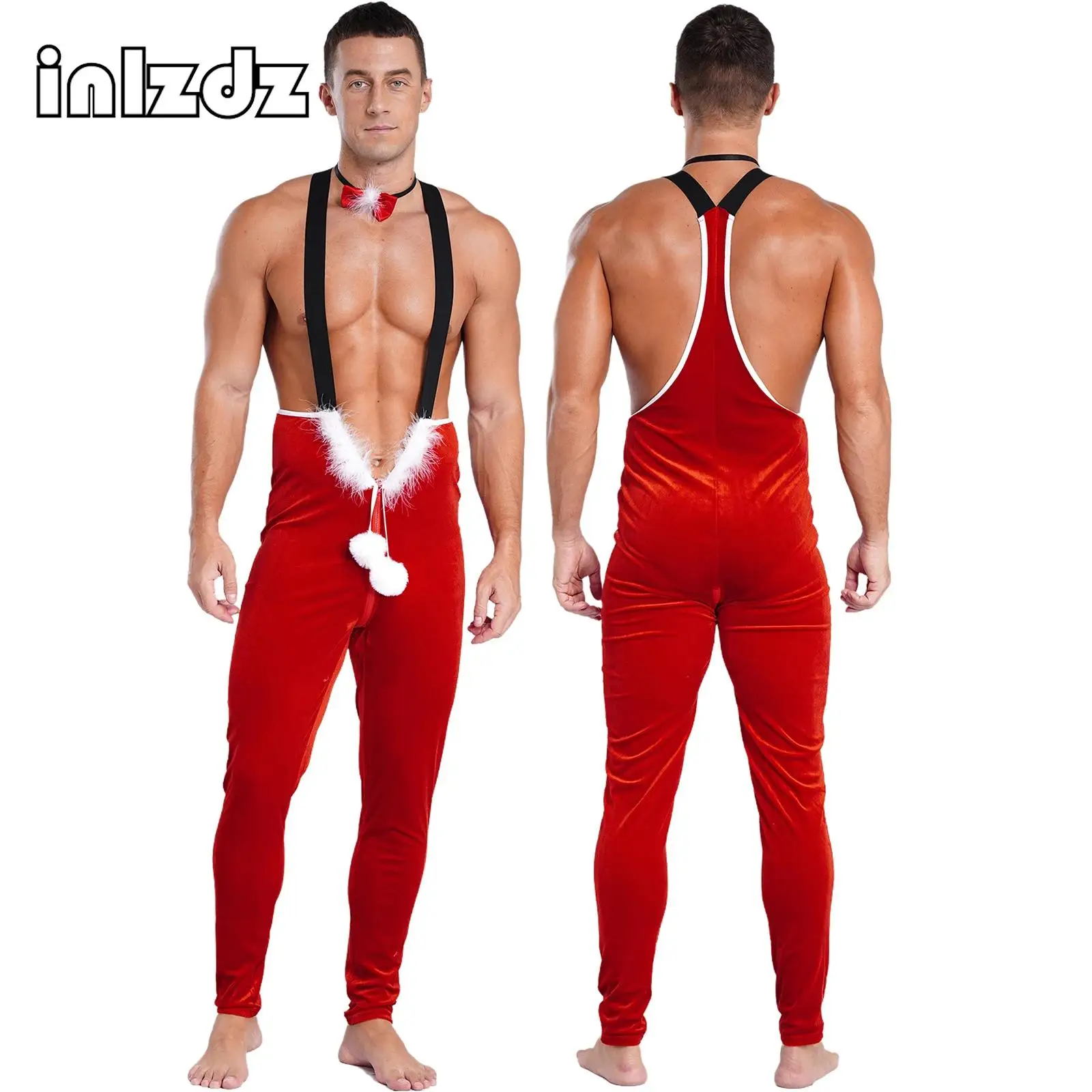 

Sexy Mens Red Christmas Cosplay Stage Performance Party Costume Bodysuit Plush Ball Zipper Strap Jumpsuit+Bowknot Neckband