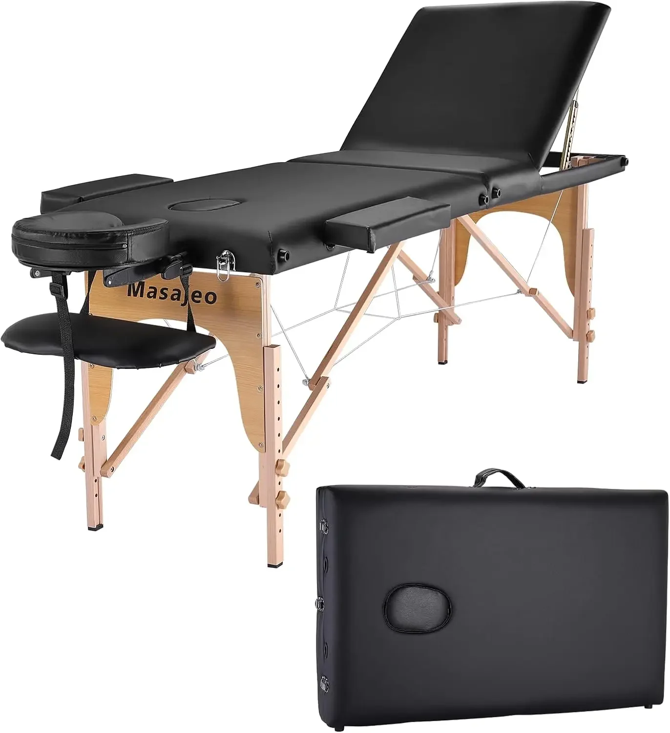 Massage Table Massage Bed Professional SPA Reiki Eyelash Salon Bed, Wooden Frame Height Adjustment & Accessories, Black