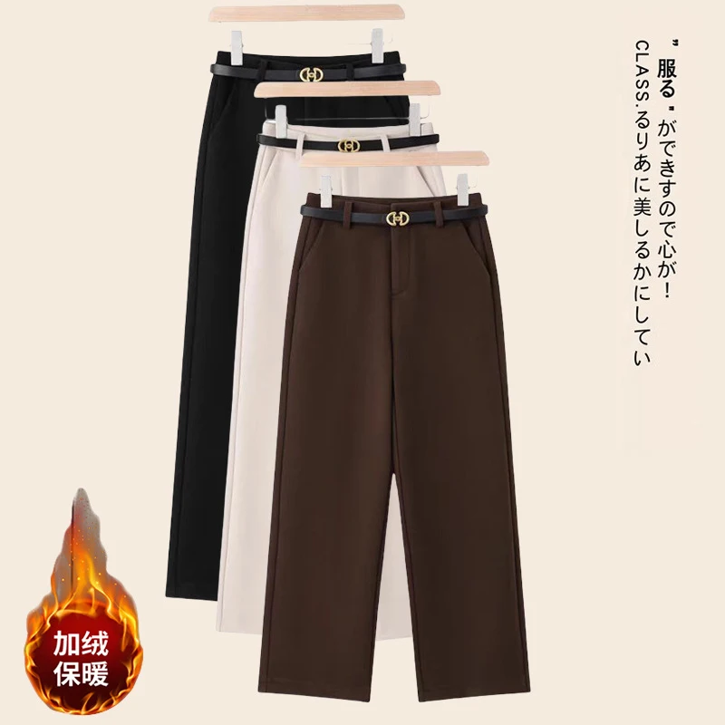 

Шерстяные прямые брюки на флисовой подкладке для миниатюрных женщин, теплые зимние брюки для женщин среднего возраста, утепленные широкие повседневные укороченные брюки.