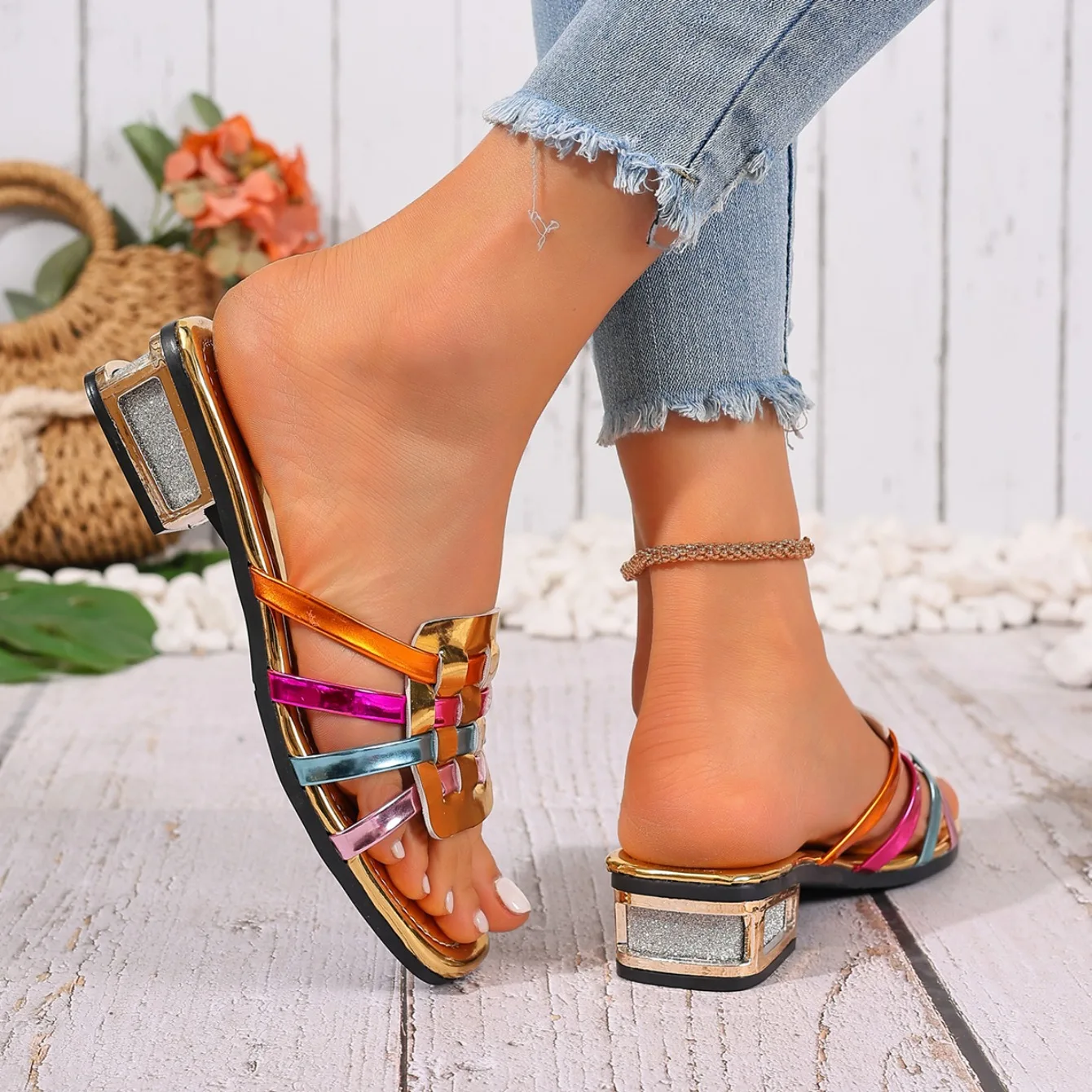 2026 New Large Size Colorful Woven Casual Flat Bottom Slipper Women Toe Exposed Fashionable All-Match High Heel_vogvips.com