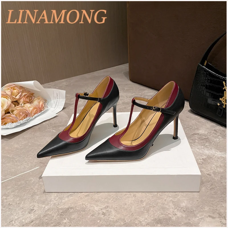 

One Line Buckle Strap Sexy Splicing Pump Pointed Shallow Mouth Slim Heel Fashionable Versatile Commuting High-Heeled Single Shoe
