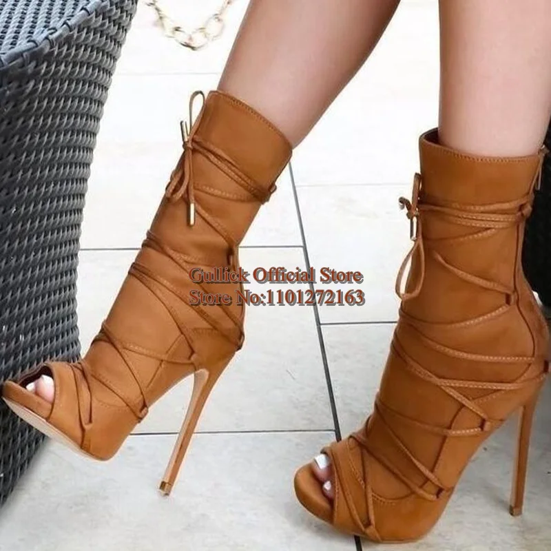 Peep Toe Ankle Wrap Lace up High Heel Ankle Boots Brown Suede Stretch Bandage Strap Women Modern Boots Drop Shipping