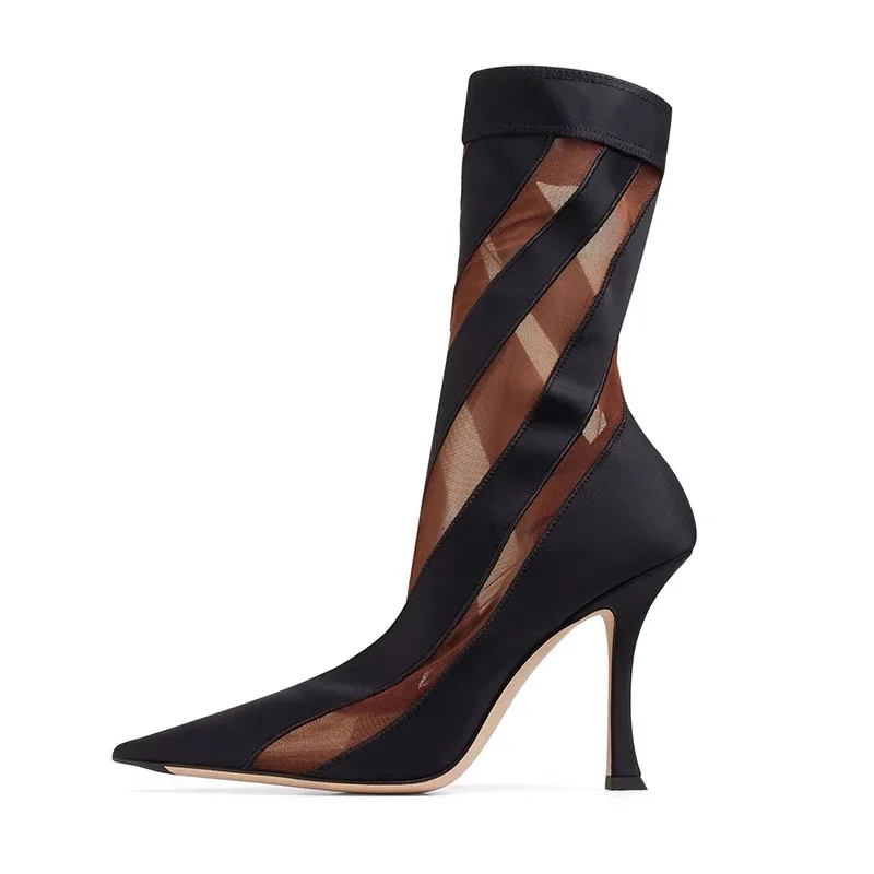 New Pointy Hollowed-Out Mesh Cool Boots Sexy Stripes Transparent Color Contrast High Heel Elastic Socks Boots Women