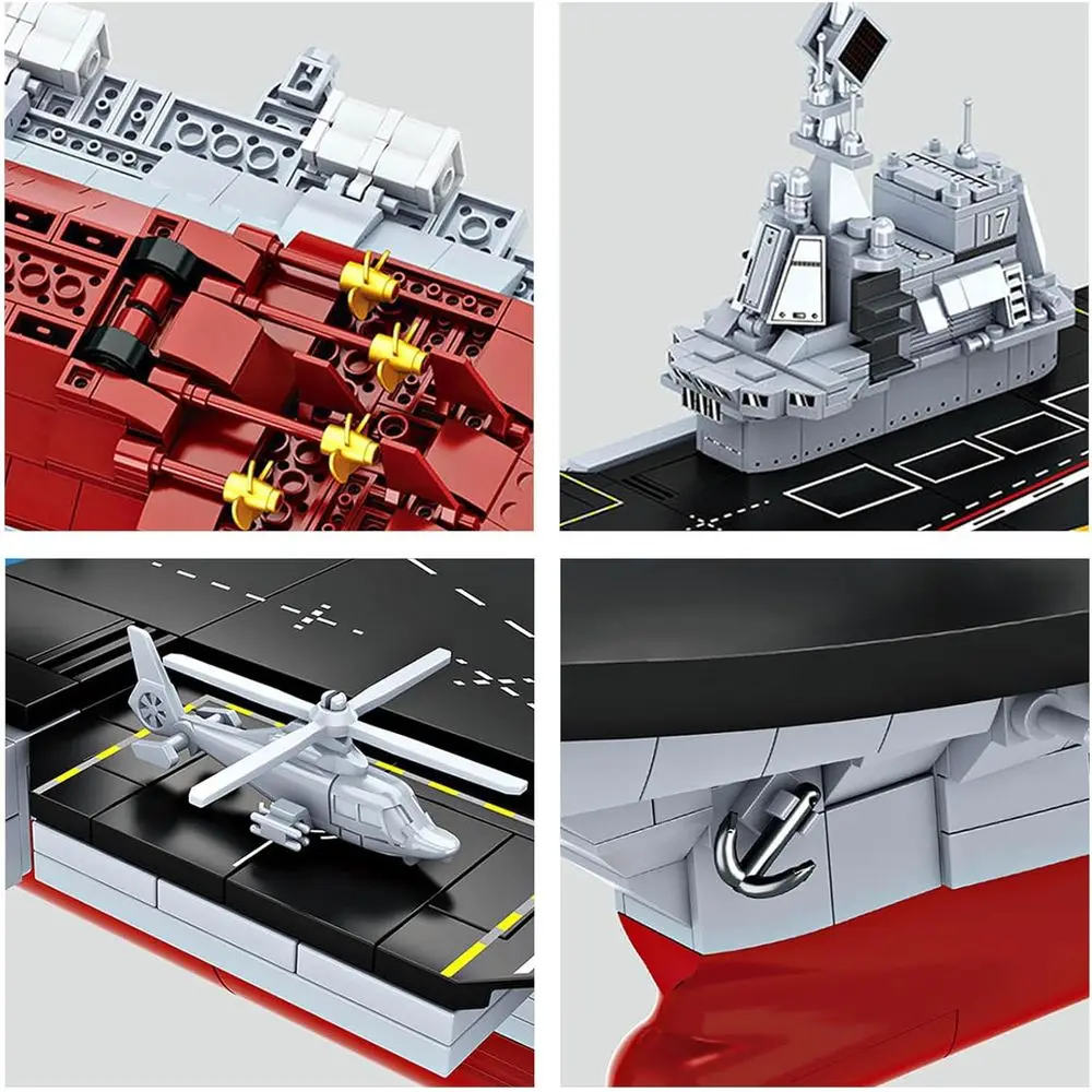 Large WWII Aircraft Carrier Building Set, 1514-Piece Military Battleship with Helicopter & Lifeboat, Compatible with LEGO for Ad