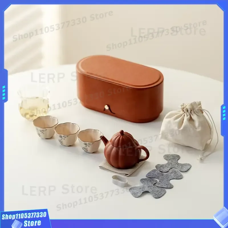 Handmade Purple Sand Kung Fu Tea Set Portable Teapot and Cup Kit with Leather Storage Box Traditional Chinese Style Gift