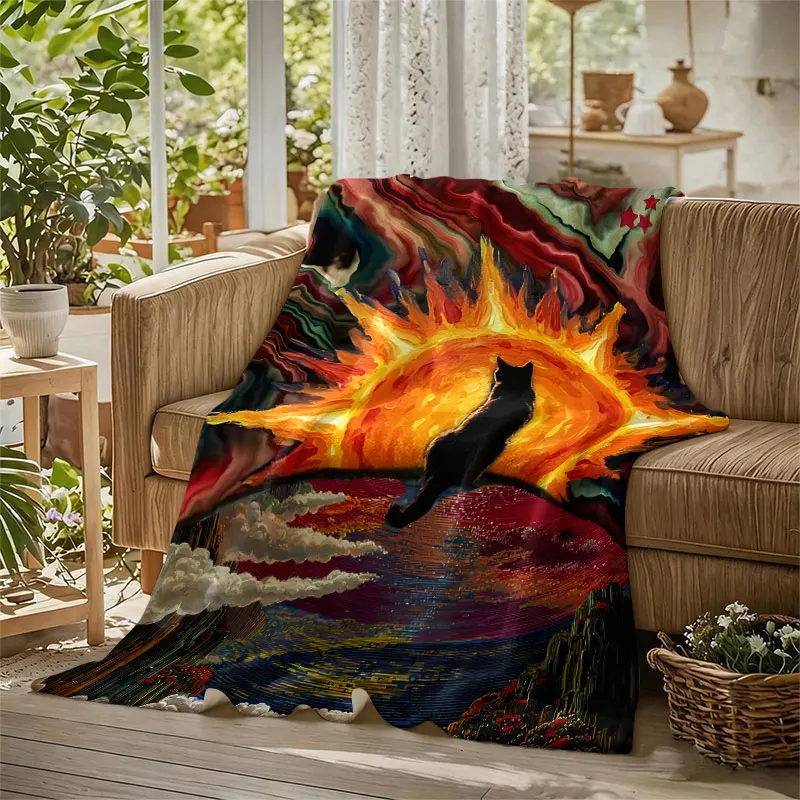 Black Cat Sun Collage Flannel Blanket Perfect for Sofa Office Bed Travel Sleep Read Relax Camping Four Season Use