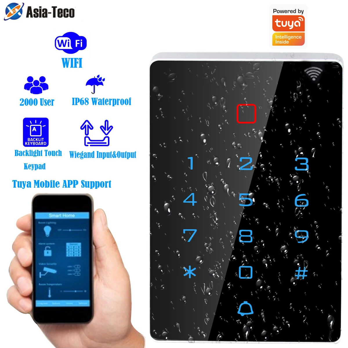 

Waterproof WiFi Backlight Touch 125khz RFID Card Access Control Keypad WG26 Output Alarm Management Card support tuya app