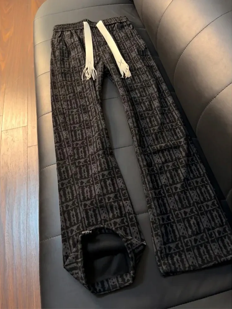 Black Woven Drawstring Tie Dye Plaid Sweatpants Men Women Leg Lengthening Straight Cleanfit Sport Casual Pants