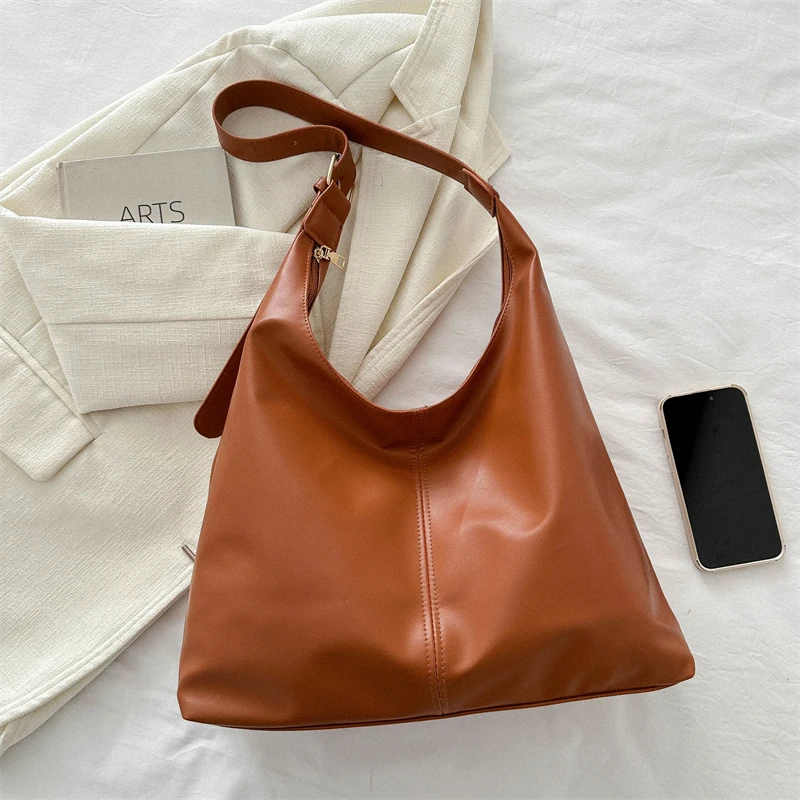 Trendy Casual Soft PU Women\'s Handbags Solid Color Large Capacity Female Shoulder Bag Retro Tote Bag For Commute Shopping