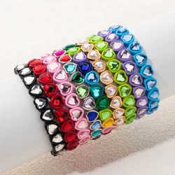 New Colorful Rhinestone Heart Girl Bracelets Crystal Beads Enamel Women Bangle 2024 Fashion Jewelry