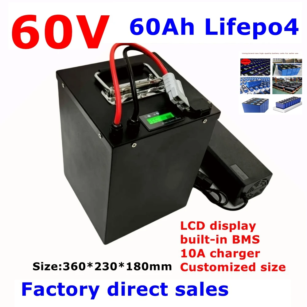 60V 60Ah LiFepo4 lithium batetry for 3600W 4800W motorcycle scooter electric rickshaw Lead acid replacement +10A charger