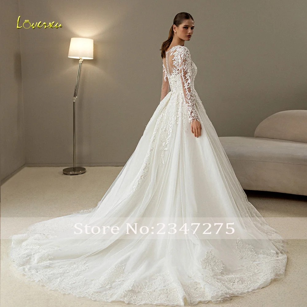 Loverxu A-lijn Elegante Trouwjurken V-hals Lange Mouw Vestido De Novia Kant Lovertjes Prinses Custom Made Robe De Mariee