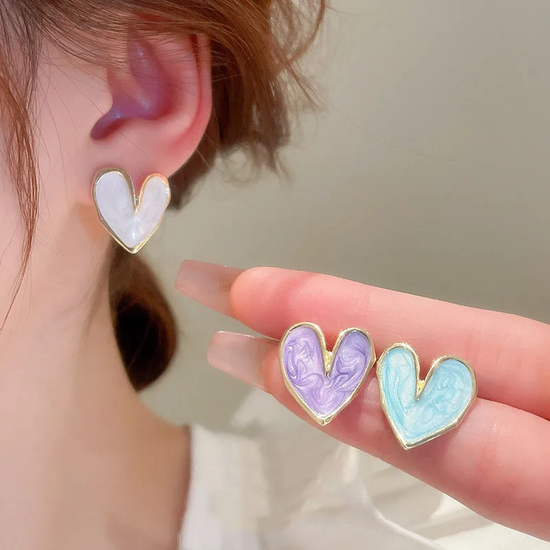 Korean New Enamel Heart Stud Earrings for Women Beige Purple Blue Irregular Love Sweet Girls Ear Jewelry new aretes de mujer